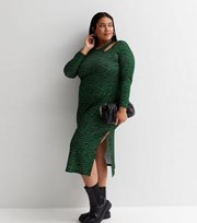New Look Curves Green Geometric Stripe Jersey Long Sleeve Cut Out Midi Dress